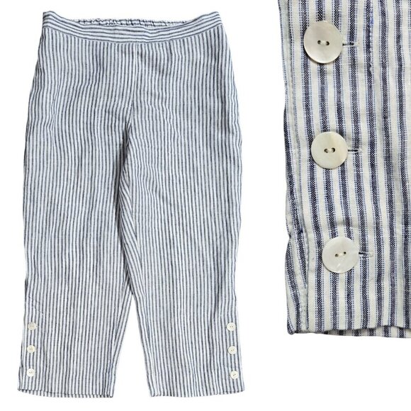Chico's 100% Linen Blue White Stripe Pull On Cropped Pant Button Hem Lagenlook - Picture 1 of 11